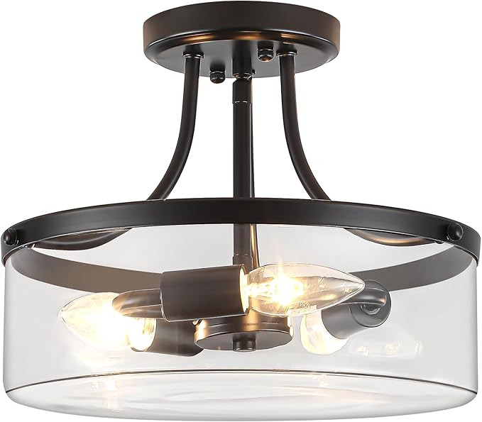 TOULMJ Black Semi Flush Mount Ceiling Light, 11.81" Glass Drum Light Fixture, 3-Light Modern Hallway Light Fixture for Kitchen Entryway Bedroom Foyer Laundry Dining Room
