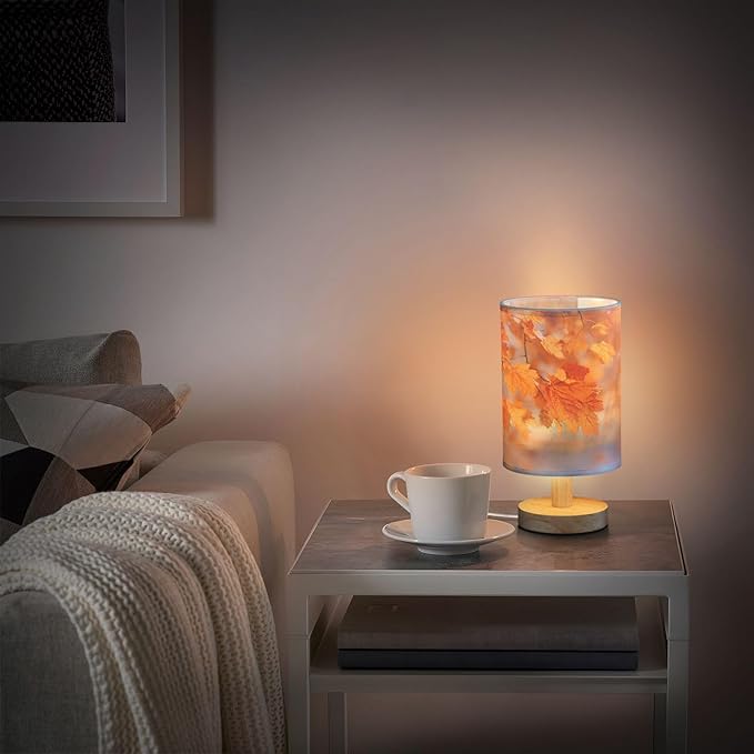 Aslsiy Maple Leaves Bedside Table Lamp Autumn Nightstand Lamp Night Light Fabric Shade for Bedroom Living Room Home Office