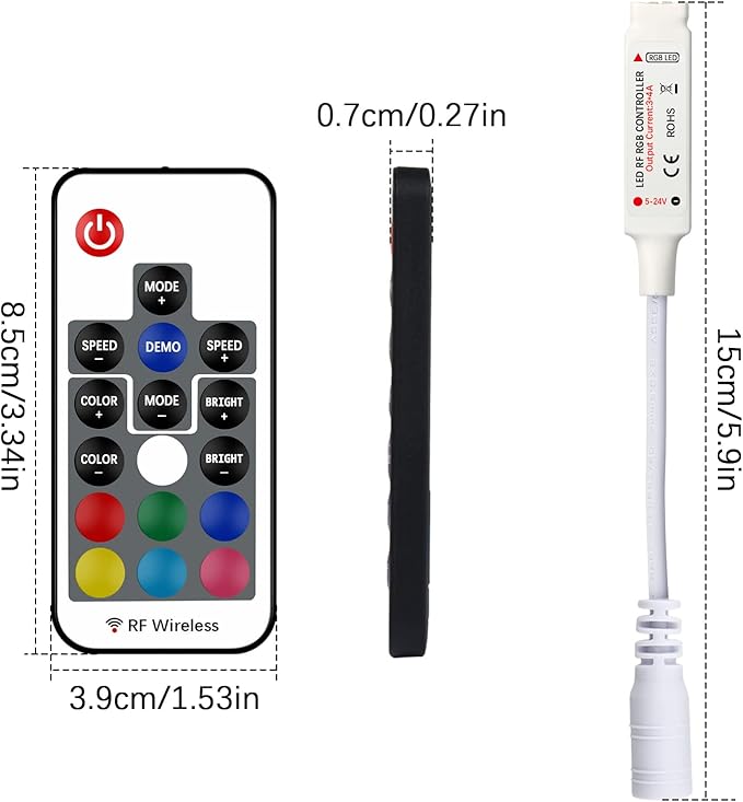 RF Wireless Remote LED Controller,DC 5V-24V RGB Controller for 5050 3528 5630 LED Strip Lights,19 Modes 20 Colors Wireless Dimmer,Memory Function,12A Max Load