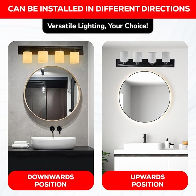 The Door Bull Modern 4-Light Bathroom Vanity Light – Matte Black Fixture with Frosted Glass Shades, E26 Socket – Wall Sconce for Mirror, Bathroom, Kitchen, Hallway, Entryway