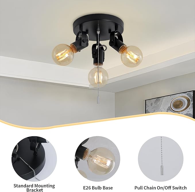 SEEBLEN 3 Light Flush Mount Ceiling Light with Pull Chain, Industrial Kitchen Ceiling with Rotatable Light Head,Black Pull Chain Spotlight for Bedroom Hallway Kitchen Laundry