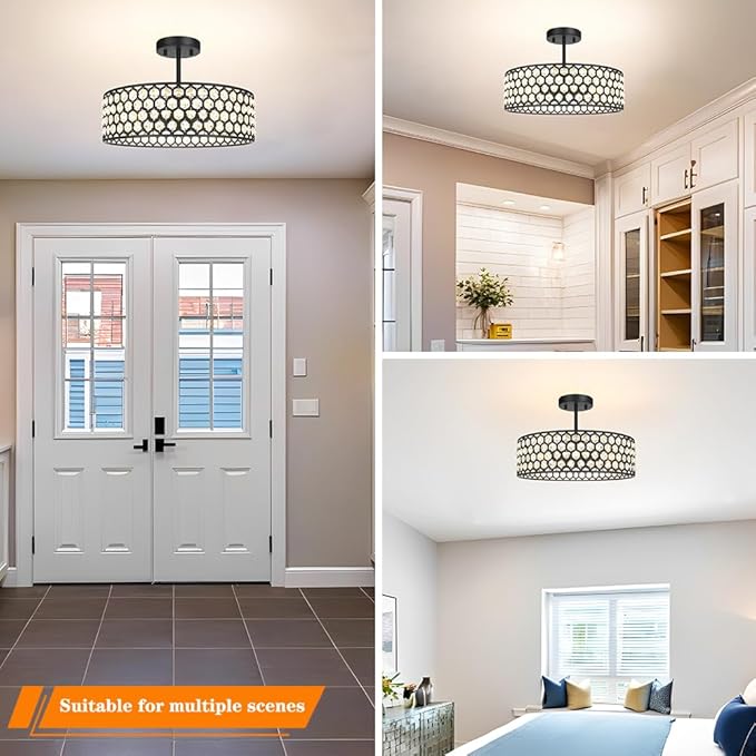 Black Crystal Ceiling Light Fixture - Modern Semi Flush Mount Ceiling Chandelier Lighting for Kitchen, Dazzling Prism Chandelier for Bedroom, Bathroom, Dining Room, 5 Light, 16 in