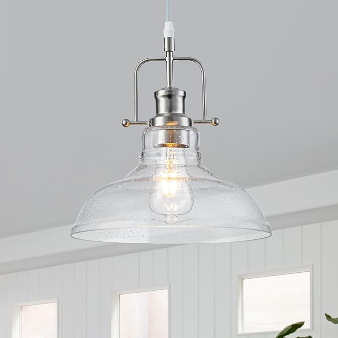 WILON Seeded Glass Pendant Lights,11 Inch Sand Nickel Pendant Lights Kitchen Island with E26 Base Vintage Hanging Ceiling Lamp for Kitchen Sink Hallway Dining Room Entry Hall(Sand Nickel Color)