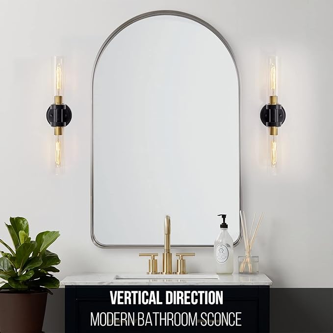Bathroom Sconces Wall Lighting W/ Clear Glass, 2-Light Bathroom Vanity Light Fixtures, Modern Wall Lights for Mirror Living Room Hallway, Black and Gold Brushed Brass, E26 T10 Bulbs(Excluded)