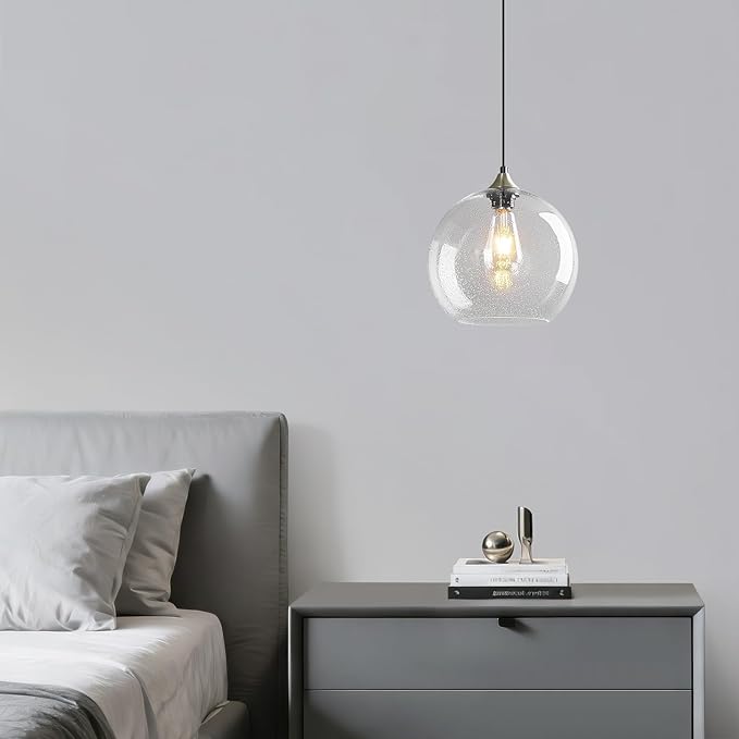 Mikeru Glass Globe Pendant Light Single, 9.85 Inch Clear Bubble Glass Hanging Lamp, Mid Century Modern Pendant Lighting for Kitchen Island Dining Room Bedroom (Bulb Not Included)