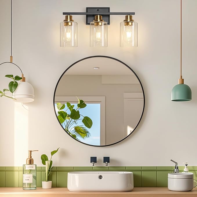 Unicozin 3 Light Bathroom Light Fixtures, Modern Vanity Lights Over Mirror, Black and Gold Wall Lamp with Clear Glass for Living Room Cabinet Bedroom Porch