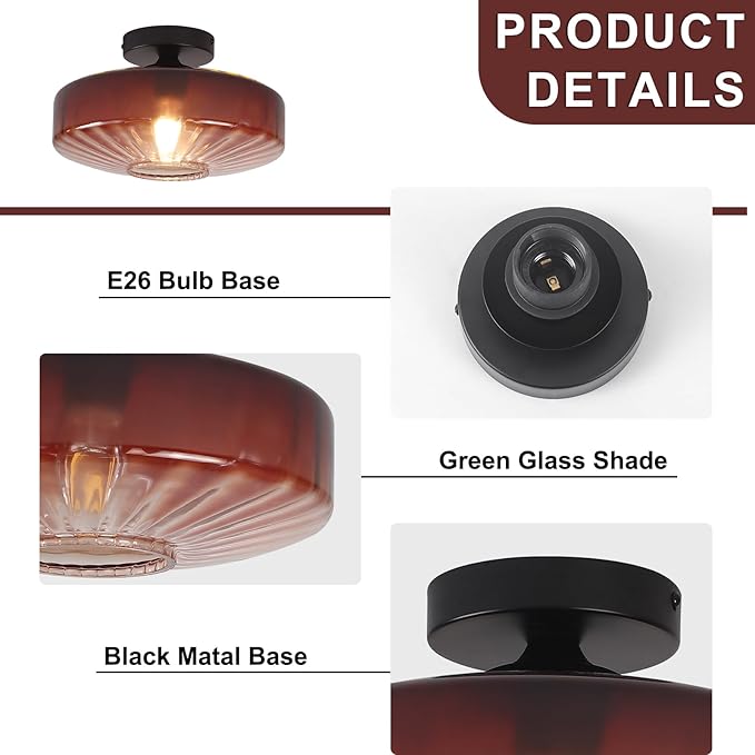 Mid Century Ceiling Light, 11.8 Inches Glass Semi Flush Mount Ceiling Light Retro Small Chandelier Mid Century Vintage Modern Coffee Glass Overhead Lighting E26
