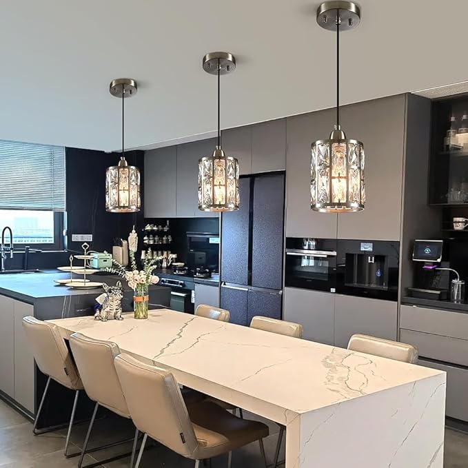 3 Pack Kitchen Ceiling Light Fixtures Crystal Hanging Pendant Lighting with Brushed Nickel Plating Finish Metal Shade for Kitchen Island Dining Room Bar Over Sink