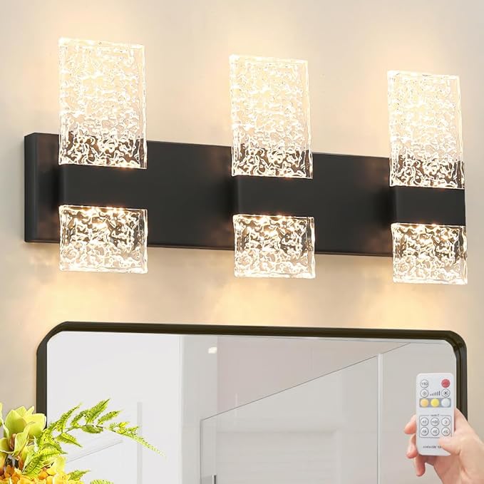 Modern Matte Black 6-Lights Bathroom Vanity Light, Eleglant Black LED Bathroom Light Fixtures over Mirror, Dimmable Acrylic Shade Wall Lighting Fixtures, Hardwired Wall Light(H9.25in, L21.26in)