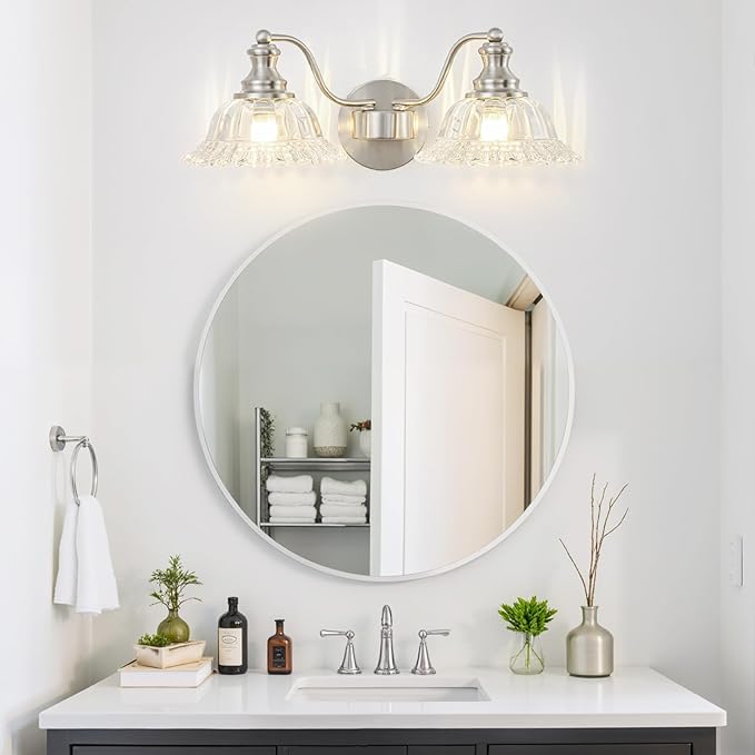 Brushed Nickel Bathroom Light Fixtures Over Mirror, 2 Light Vintage Bathroom Vanity Light Fixture with Clear Flower Glass Shades, Retro Vanity Lights for Bathroom, Bathroom Vanity Lights Over Mirror