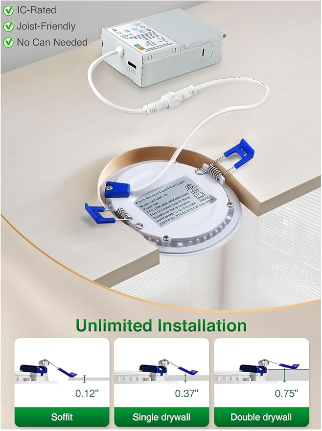 zouzai 4 Inch 5CCT Ultra-Thin LED Recessed Ceiling Light with Junction Box, 2700K/3000K/3500K/4000K/5000K Selectable, 9W Eqv 80W, Dimmable, led can Lights - ETL and Energy Star Certified【 6 Pack 】