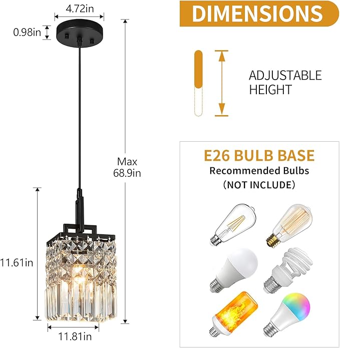 Modern Crystal Pendant Light Kitchen Island Farmhouse Lamp Adjustable Height Hanging Lighting Square Black Chandelier Suitable for Kitchen Island Dining Room and Bedroom(1Pack)