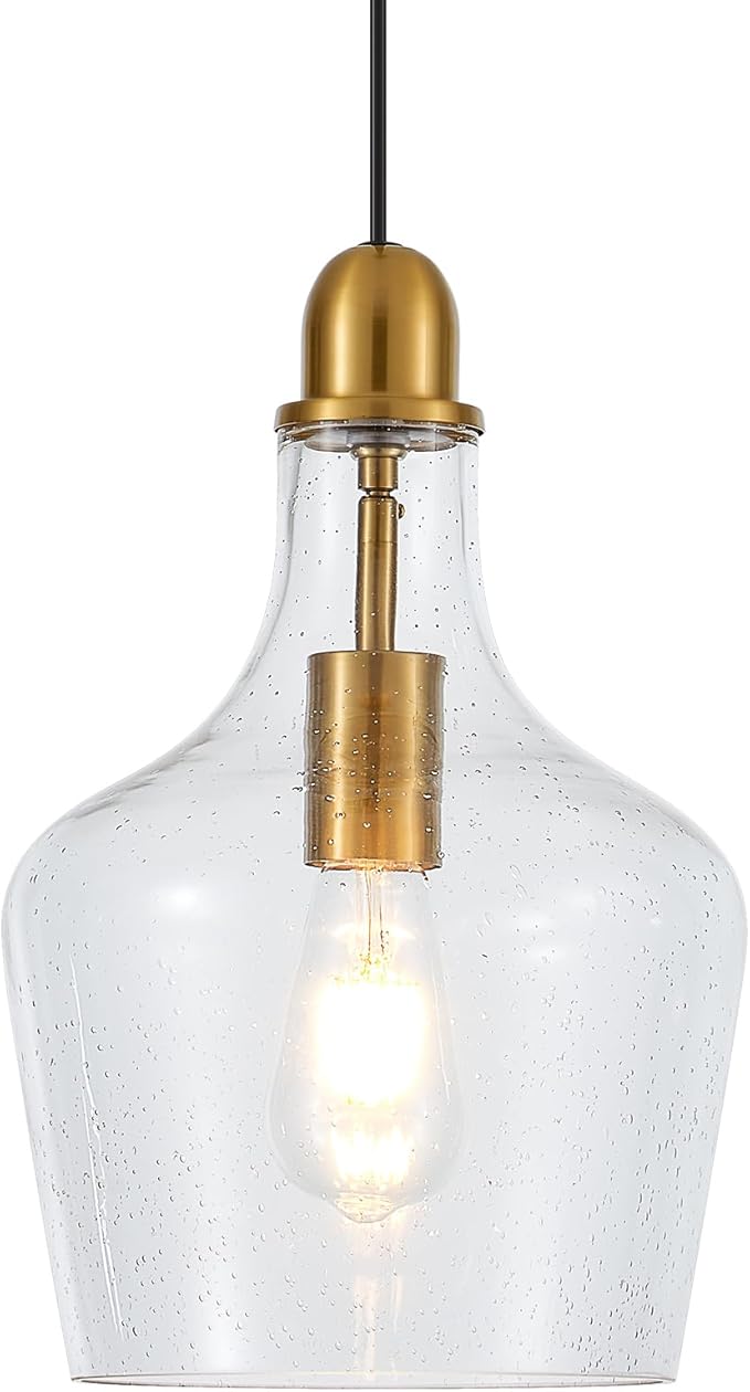 9” Seeded Glass Pendant Light Modern Brass 1 Light Single Dome Bubble Pendant Lighting Fixtures for Kitchen Island Dining Room Hallway, UL Listed