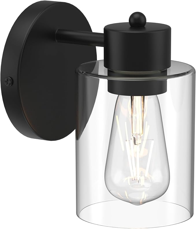 Kalium Wall Sconces, Matte Black Vanity Light Fixtures, Indoor Wall Lights with Clear Glass Shade, Hardwired Farmhouse Wall Lamp for Bedroom Living Room Bathroom (E26 Base 1pcs)