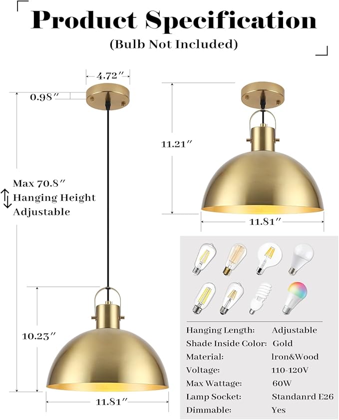 Gold Pendant Light 2 Pack, 11.8 Inch Pendant Lights Kitchen Island, Dome Pendant Lights, Farmhouse Pendant Light for Kitchen Island, Dining Room, Living Room
