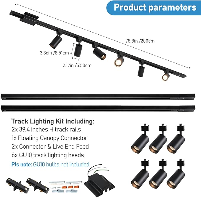 6-Light LED Track Lighting Kit with 6.6FT H Track Lighting Rails & Floating Canopy Connector, GU10 Track Light Kit, Modern Kitchen Track Lighting Fixtures Ceiling Spot Light, Black (No Bulbs)