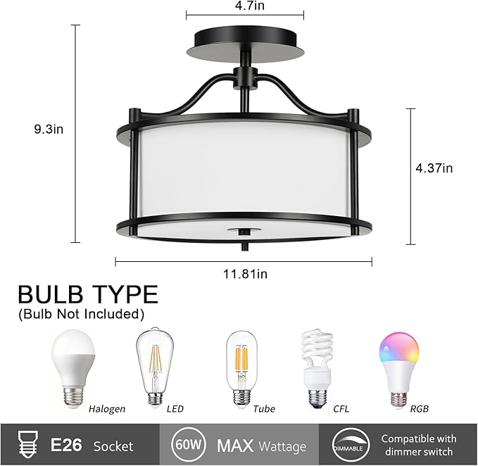FRIDEKO HOME Semi Flush Mount Ceiling Light 3 Light Ceiling Light Fixture Close to Ceiling Light Fixture with Metal Frame Fabric Drum Shade for Bedroom Living Room Hallway Kitchen Entryway