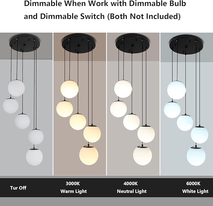 Modern Globe Cluster Chandeliers, 5 Lights White Glass Pendant Light Multi Cluster Pendant Lighting Mid Century Chandelier for Living Room Staircase Foyer Entryway, Black