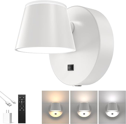 URSOLA Battery Operated Wall Sconce with Remote, LED Rechargeable Battery Wall Light with 9000mAh 3CCT and Dimmable Magnetic 360° Rotation Cordless Light for Bedroom（White）