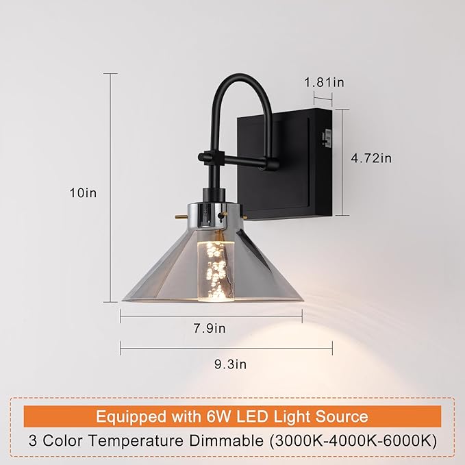 Wall Sconce Hardwired, Modern LED Black Wall Lamp, 6W 3 Color Temperatures 3000K-4000K-6000K, Wall Light Fixture with Smoked Gray Glass Shade for Bathroom Bedroom Living Room