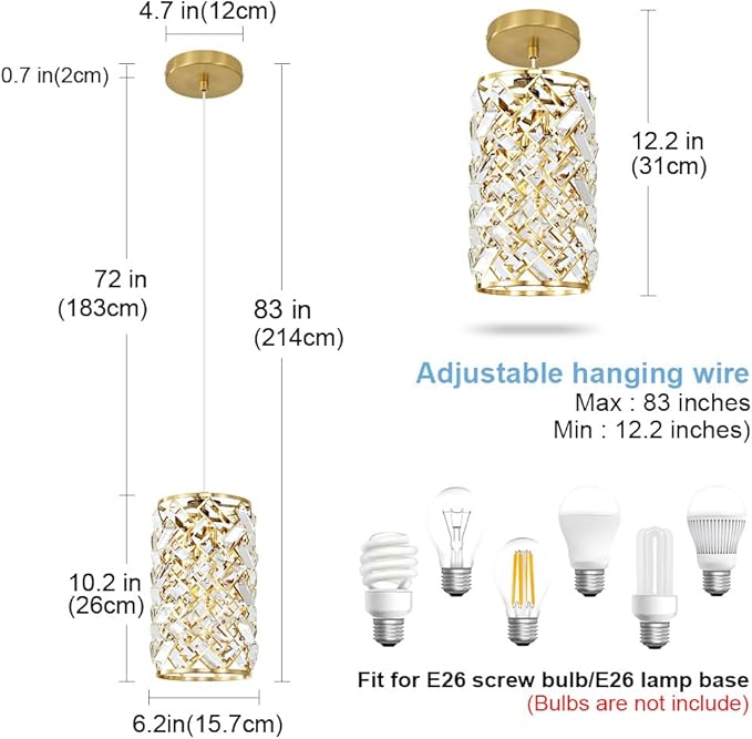 Gold Pendant Lights Kitchen Island, Mini Crystal Modern Kitchen Pendant Lighting Over Sink with 10.2" Clear Glass Shade Chandeliers, Adjustable Pendant Light Fixture for Dinning Room Bedroom Entryway