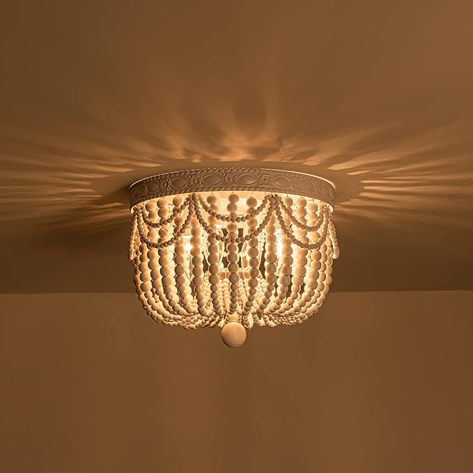4-Lights Bohemian Flush Mount Ceiling Light Wood Beaded Mini Chandelier Farmhouse Ceiling Lighting Fixtures for Bedroom Dining Room Foyer Kitchen Hallway Nursery Room Walk in Closet, White