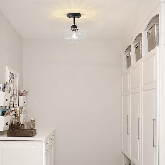 TeHenoo Modern Sloped Ceiling Light, Ribbed Clear Glass Flush Mount for Entryway, Hallway,Vaulted Ceiling,Matte Black