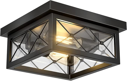 Asnxcju Farmhouse Light Fixtures Ceiling Mount, 2-Light Black Flush Mount Ceiling Light with Clear Glass Shade, Metal Cage Square Close to Ceiling Lamp for Bathroom Kitchen Porch (Bulbs Not Included)