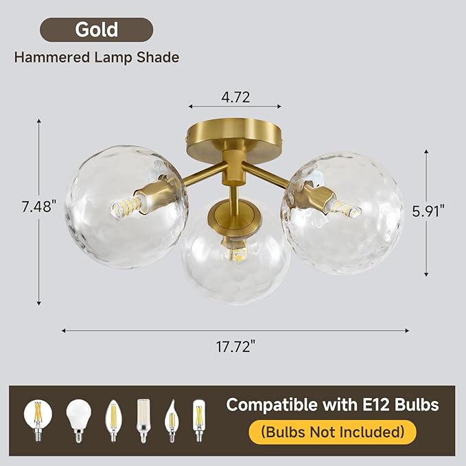 Gold Globe Semi Flush Mount Ceiling Light Mid Century Modern Globe Hammered Clear Glass Ceiling Light Fixture Linear Sputnik Brushed Brass Chandelier for Bedroom Living Room Entryway Dining Room