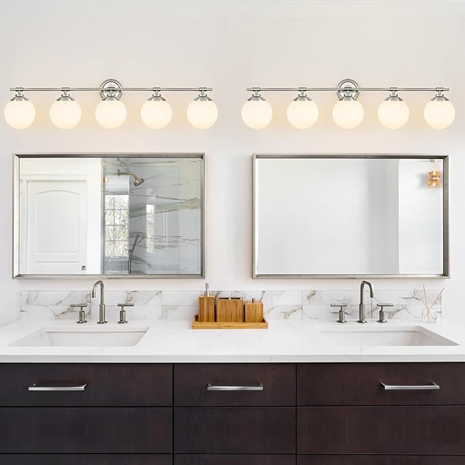 Rayogale Sand Nickel Bathroom Light Fixtures, ETL 5 Lights Vanity Lights Over Mirror with Milk Glass Soft Lighting 41 Inch Bathroom Sconces(Exclude E26 Bulb)