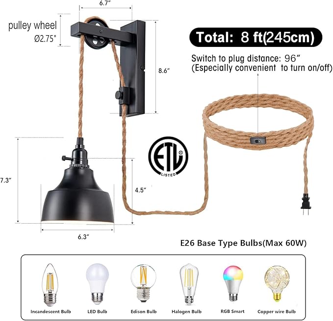 8FT Plug in Wall Sconces Pulley Wall Lamps Vintage Hanging Light Fixture Wall Lights with Plug in Cord On/Off Switch Set of Two Black Wall Lamp for Bedroom, Living Room and Hotel
