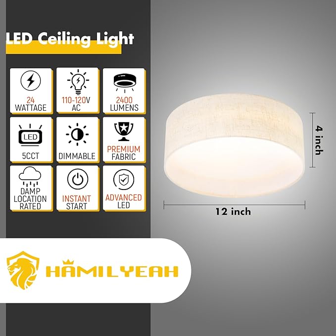 Hamilyeah LED Ceiling Light Flush Mount 24W, 12inch Kitchen Lighting Fixture Ceiling Mount with Fabric Shade, Dimmable Ceiling Lighting Fixture 5CCT for Bedroom, Bathroom, Living Room, Kitchen