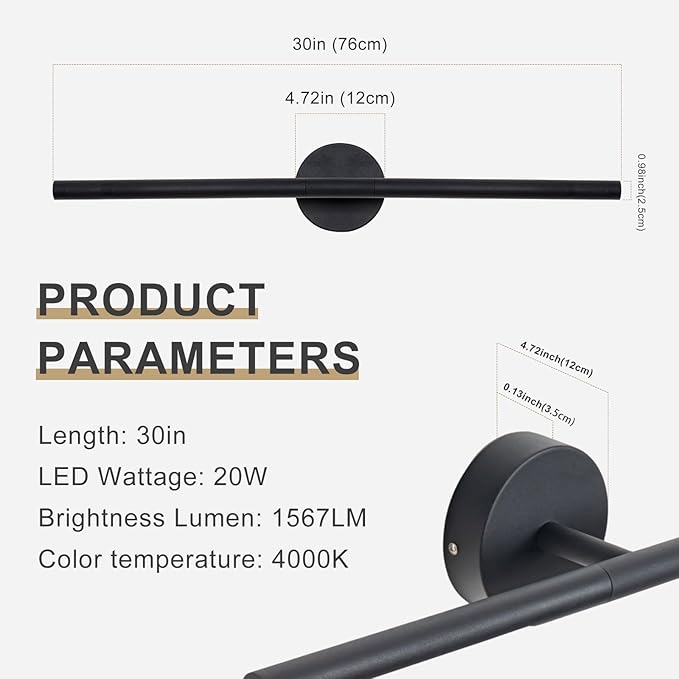 Matte Black Bathroom Light Fixtures Over Mirror 30 Inch, 20W 360° Rotatable Dimmable 4000K Led Vanity Light Bar, Modern Bathroom Vanity Lights Above Mirror