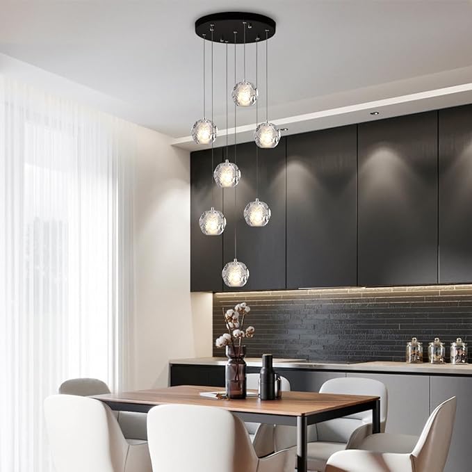 Black Crystal Chandelier, 7 Lights Bubble Cluster Pendant Light Fixture, 59" Long Hanging Light Raindrop Modern Chandelier for Entryway Foyer Staircase