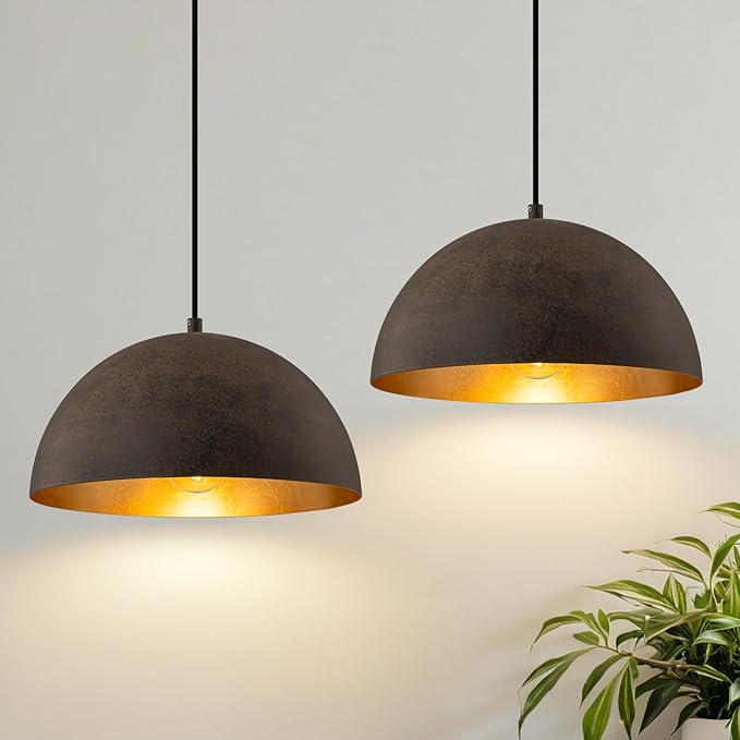 Farmhouse Pendant Light,11.8" Black with Brown Grain Industrial Dome Chandelier 2 Pack,Adjustable Vintage Pendant Lights Kitchen Island for Dining Room,Bedroom,Hallway