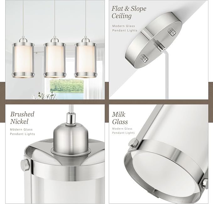 Brushed Nickel Pendant Lights Kitchen Island, 1-Light Modern Mini Hanging Light Fixtures with Milk Glass, Farmhouse Kitchen Pendant Lighting Over Island for Sink, OS-3014-1PBNW