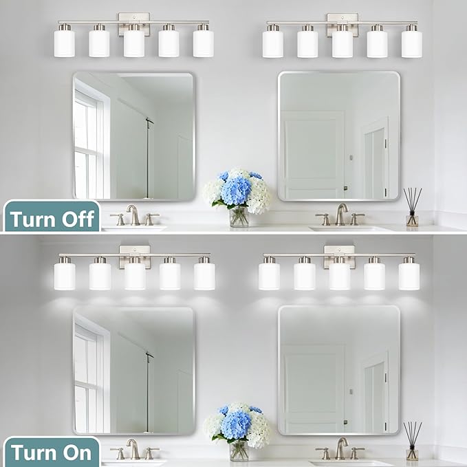 Brushed Nickel Bathroom Light Fixtures, 5-Light Modern Vanity Lights with Milky White Frosted Glass Shades, Wall Sconces for Mirror, Bathroom, Restroom (E26 Socket)