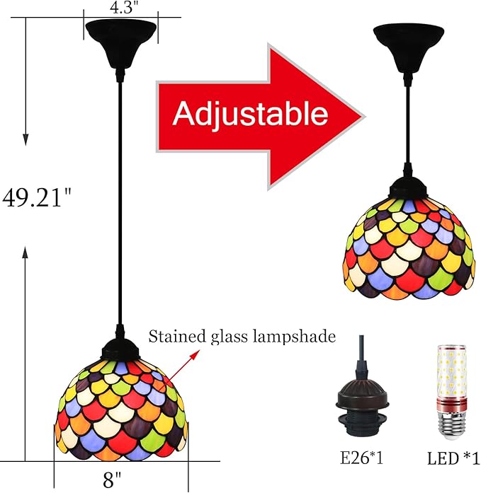 Stained Glass Hanging Lamp 8 Inch Hanging Ceiling Lights Tiffany Art Deco Lamp for Dining Room Kitchen Island Home Farmhouse Hallway