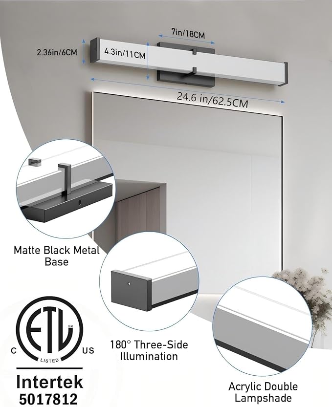 Modern Bathroom Light Fixtures 24 Inch, 25W 2500 Lumen Dimmable Bathroom Vanity Light, 5CCT Bathroom Light Bar, LED Black Vanity Light with ETL Certified