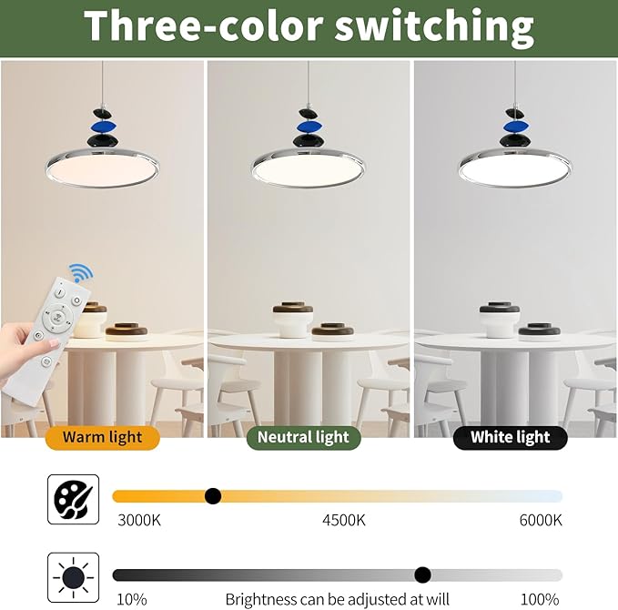 Mikeru Modern Pendant Lights, 23.6" Chrome Pendant Lighting Fixture with Remote Control Dimmable 3 Color Mode & Brightness Mid Century Island Light Fixture for Dining Room,Kitchen,Living Room