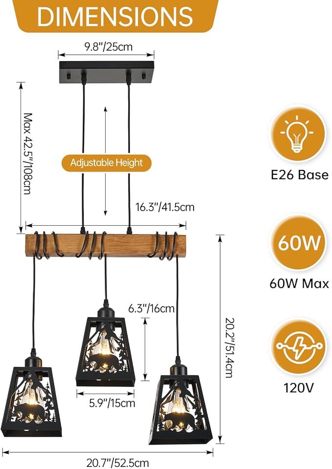 3-Lights Farmhouse Dining Room Pendant Light Fixtures, Rustic Solid Wood Kitchen Island Lighting Hanging with Bear Metal Shades for Restaurant, Kitchen Island, Hallway