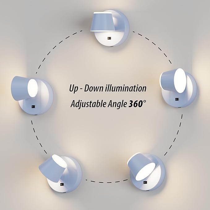 URSOLA Battery Operated Wall Sconce with Remote, LED Rechargeable Battery Wall Light with 9000mAh 3CCT and Dimmable Magnetic 360° Rotation Cordless Light for Bedroom（Blue）