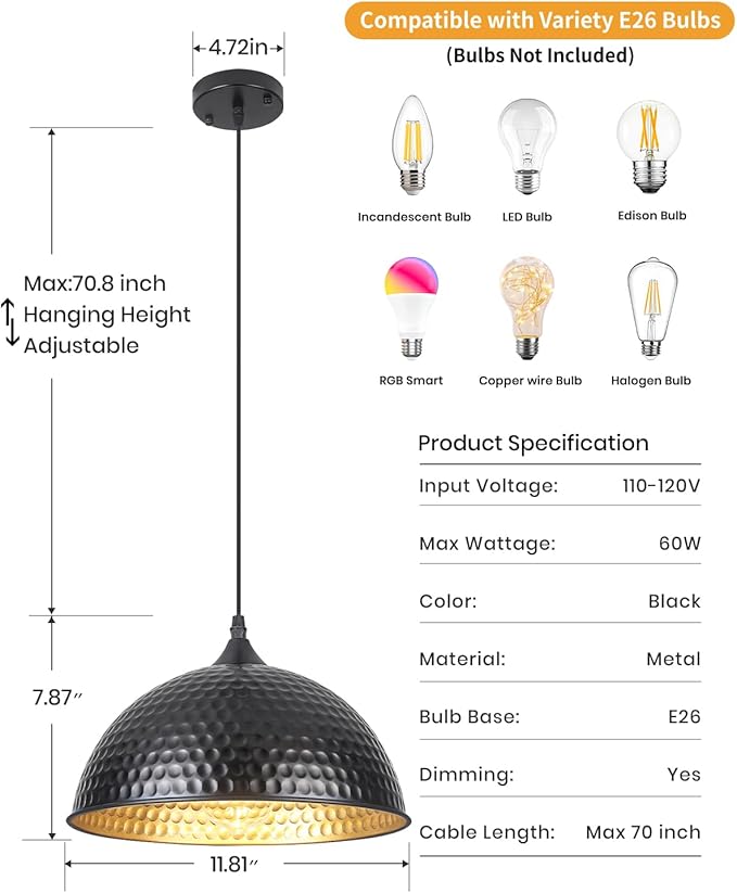 Black Pendant Lights Kitchen Island 12 Inch, Vintage Hammered Pendant Light Fixtures Adjustable Height Dome Pendant Light for Dining Room Bedroom Bar