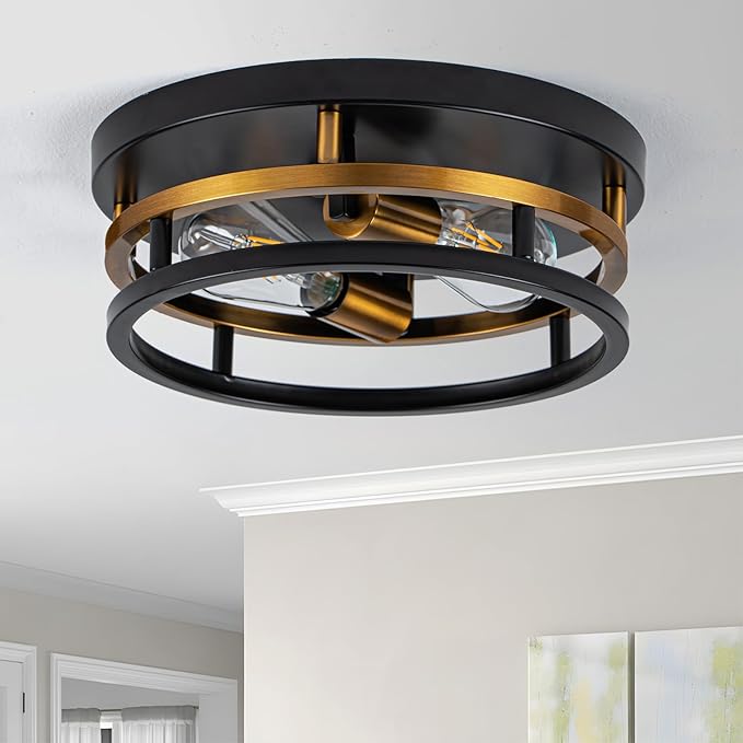 Antique Gold Bronze Flush Mount Light, Electroplated Bronze & Black 2-Light Fixture for Kitchen Hallway Bedroom, Low Profile E26 Close-to-Ceiling Lighting (Single Unit)