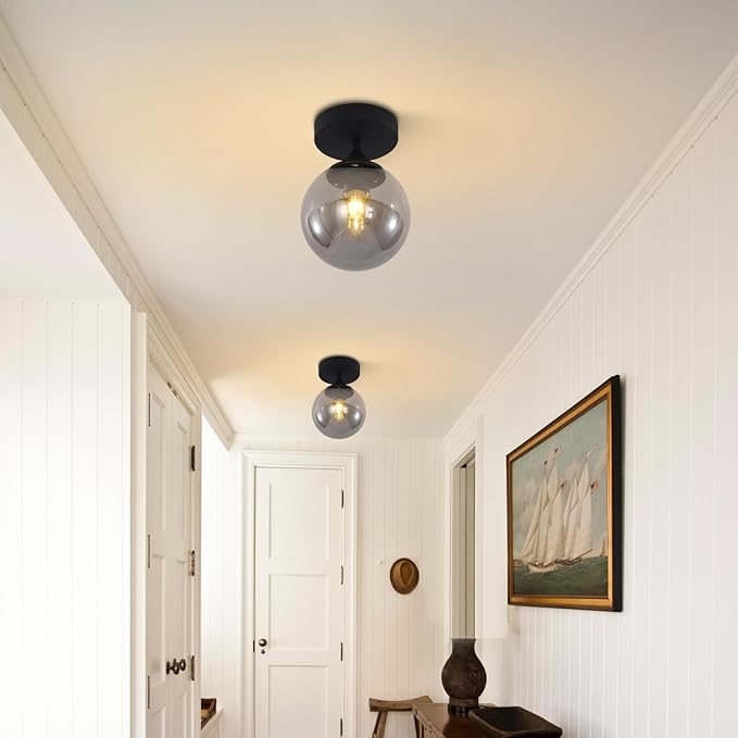 KCO Lighting Mid Century Modern Black Semi Flush Mount Ceiling Light Smoke Grey Globe Glass Ceiling Light Industrial Hallway Close to Ceiling Lights for Porch Bedroom Living Room