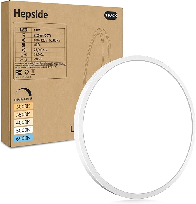 hepside 1Pack LED Flush Mount Ceiling Light Fixture, 9Inch 18W, Dimmable&3000K/3500K/4000K/5000K/6500K Adjustable Low Profile Ceiling Lights, Round Flat Ceiling Light for Closet,Kitchen,Hallway-White