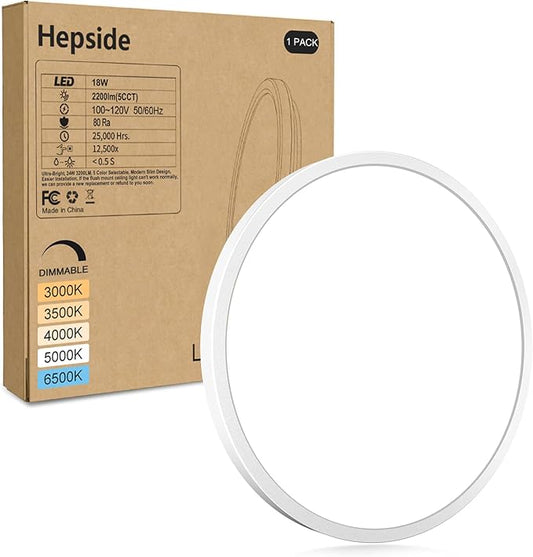 hepside 1Pack LED Flush Mount Ceiling Light Fixture, 9Inch 18W, Dimmable&3000K/3500K/4000K/5000K/6500K Adjustable Low Profile Ceiling Lights, Round Flat Ceiling Light for Closet,Kitchen,Hallway-White