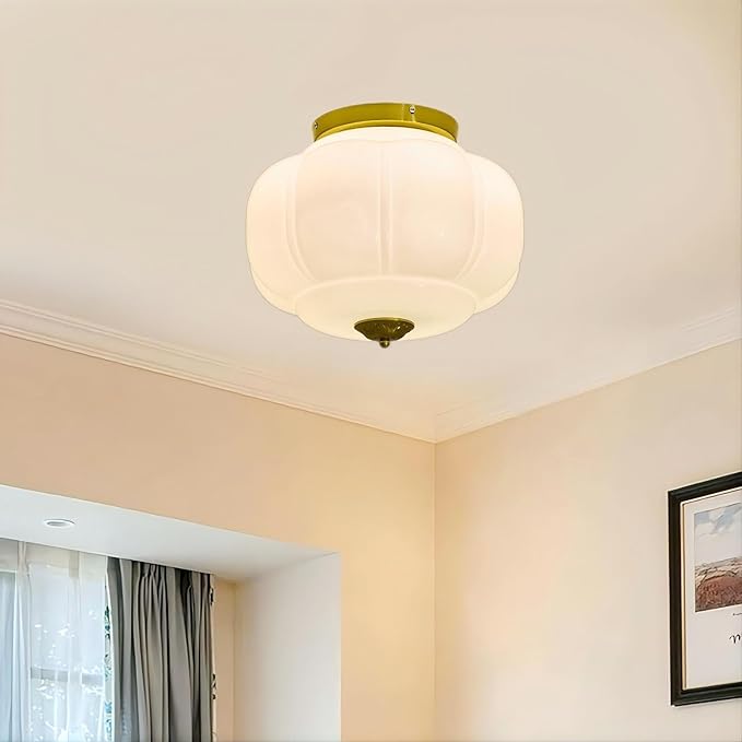 LIGHTLAND Milk Glass Ceiling Light, 15 Inch 3-Light Metal Glass Flush Mount Ceiling Light Fixture for Entryway, Hallway, Living Room, Bedroom (Style C, White)