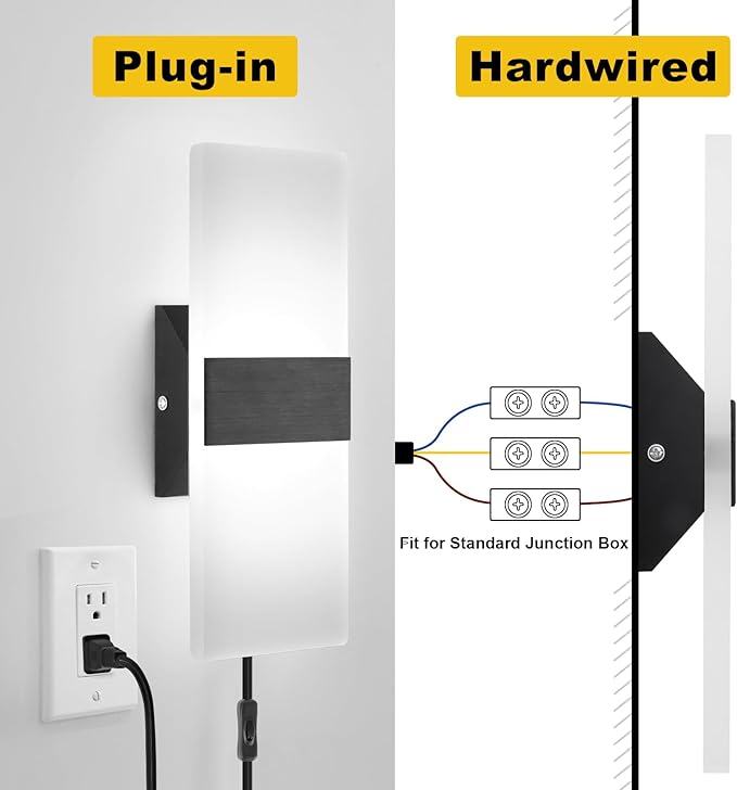 Plug in Wall Sconces with Adjustable 3000K-6500K Colors & 10%-100% Brightness, Wall Sconces Set of Two with Remote, 12W Acrylic LED Plug in Wall Light, Sconces Wall Decor Set of 2 (2 PACK,Black)