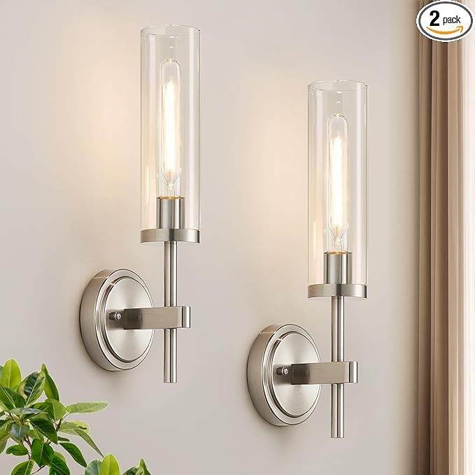 MOKATNG Wall Sconces Set of Two, Brushed Nickel Bathroom Sconces with Clear Glass, Hardwired Sconces Wall Decor Set of 2, Modern Wall Light Fixtures for Bathroom Mirror Living Room Bedroom Hallway